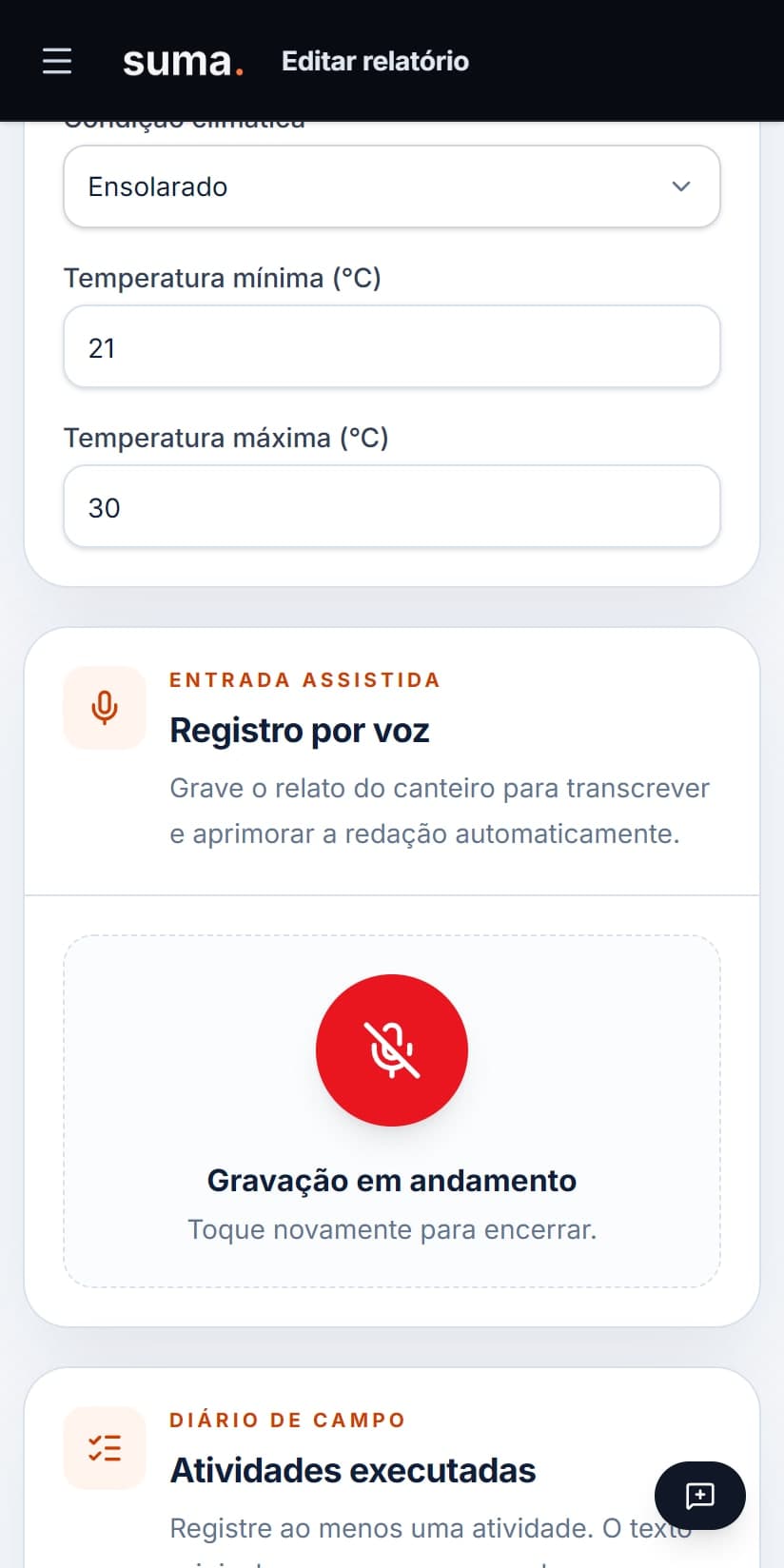 Tela de gravação de áudio do SUMA, com o botão de microfone