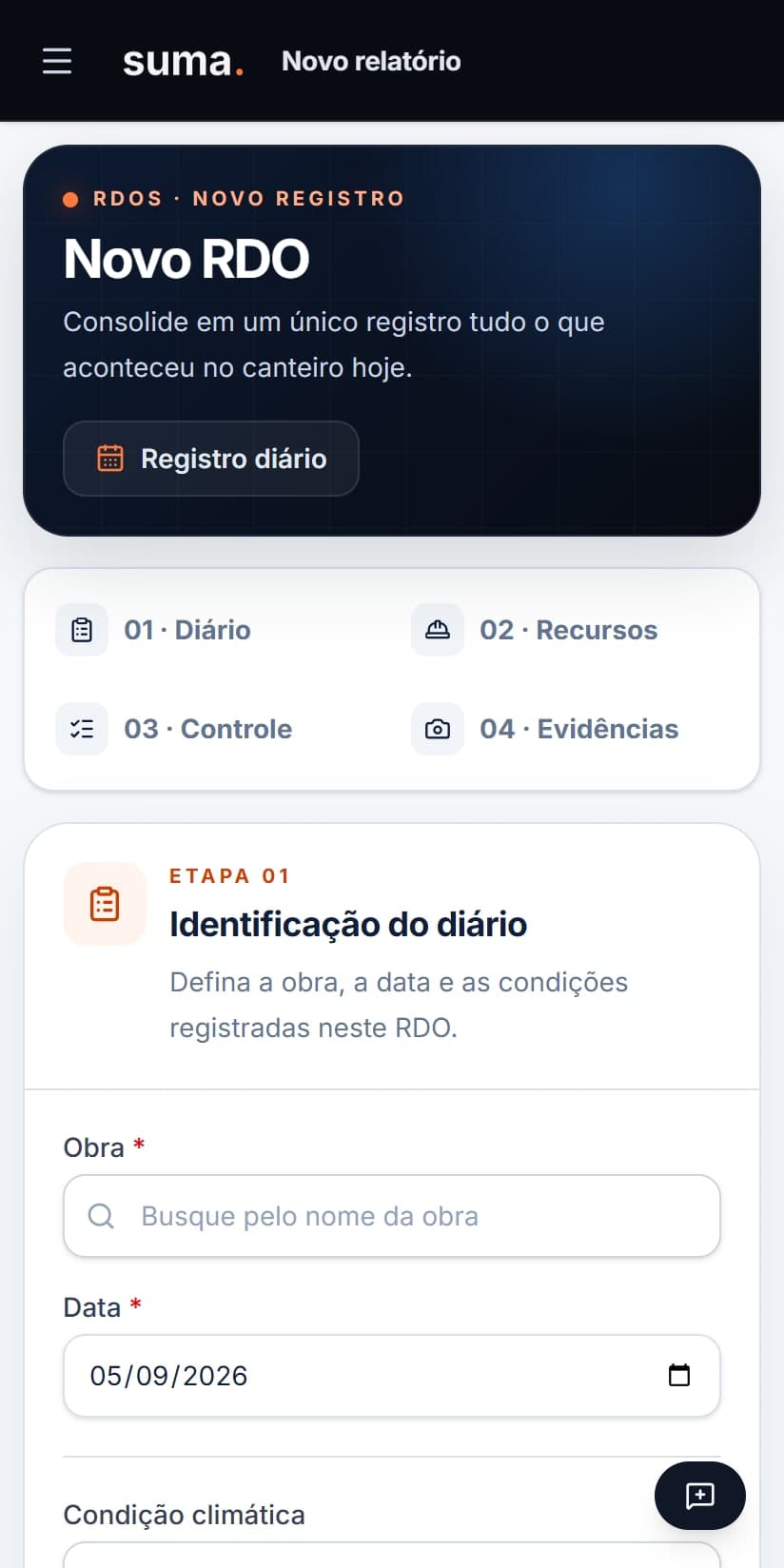 Formulário do SUMA para completar os dados do relatório