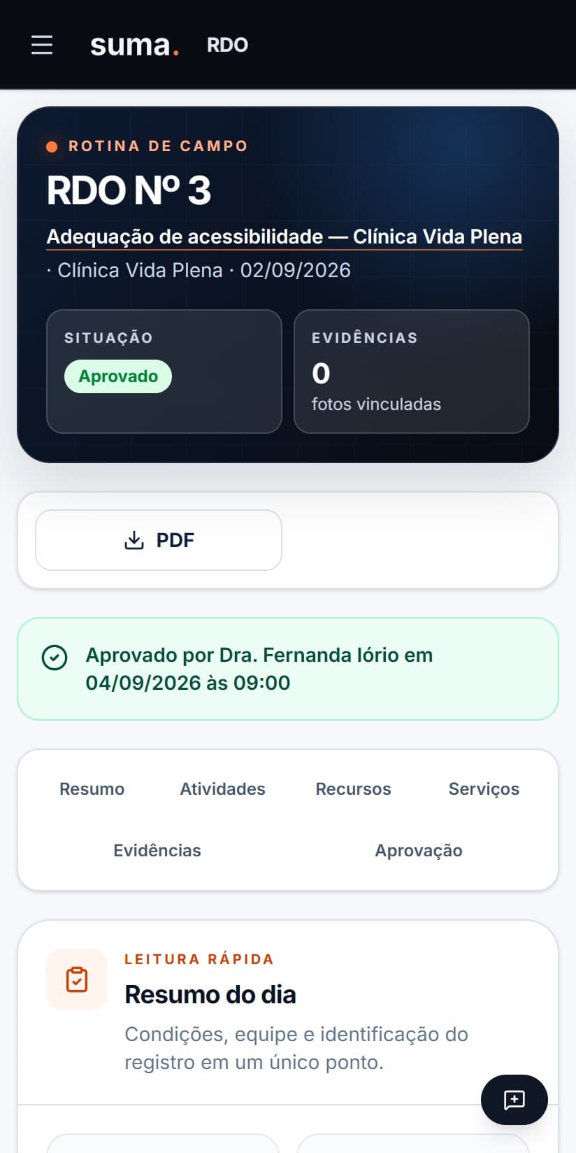SUMA no celular: relatório diário de obra com selo de aprovação do cliente