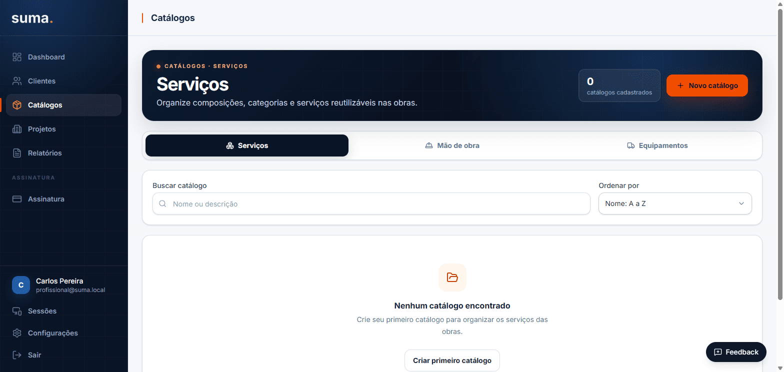 Catálogo de serviços do SUMA com categorias e itens