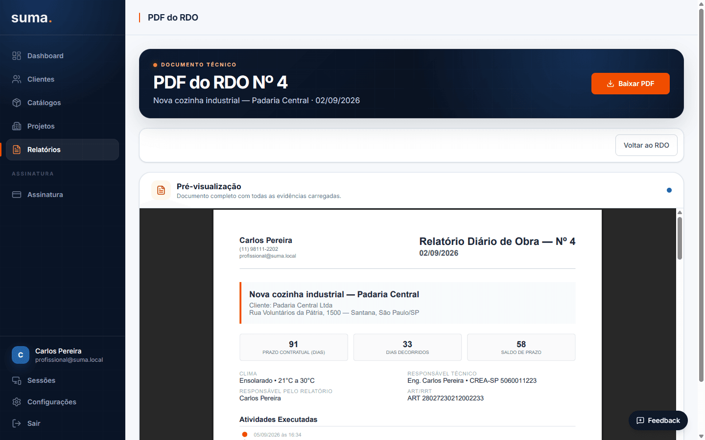 Exemplo de relatório diário de obra em PDF gerado pelo SUMA