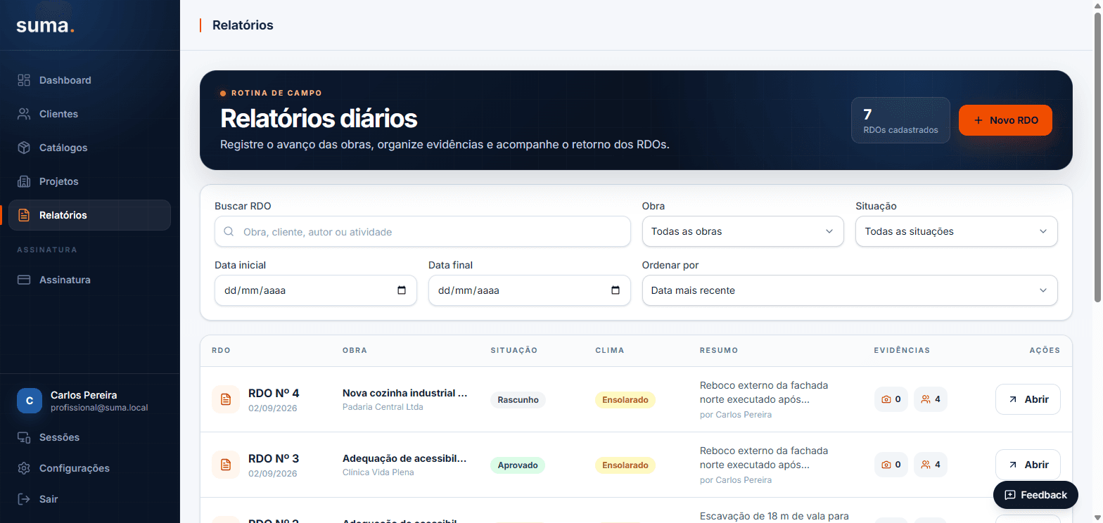 Lista de relatórios do SUMA com status de aprovação
