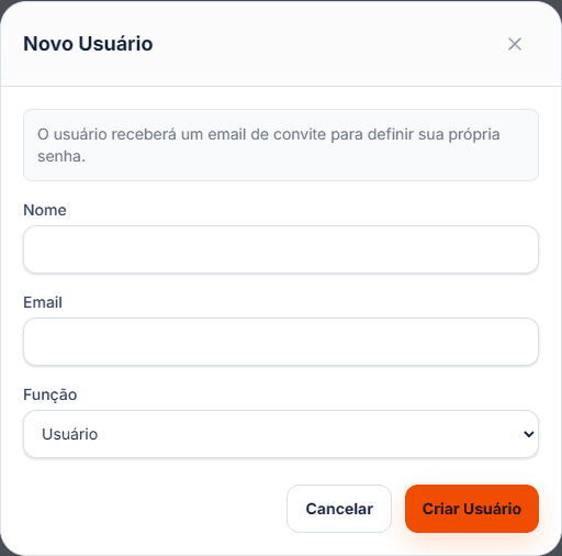 Modal de novo usuário do SUMA, com convite por email e papel de acesso