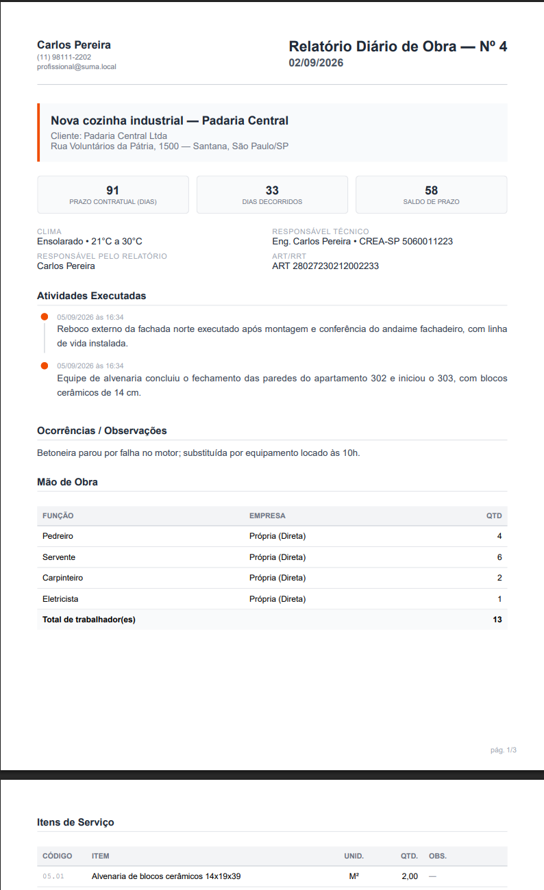 Primeira página do PDF do diário de obra, com numeração sequencial, responsável técnico, ART/RRT e a tabela de itens de serviço